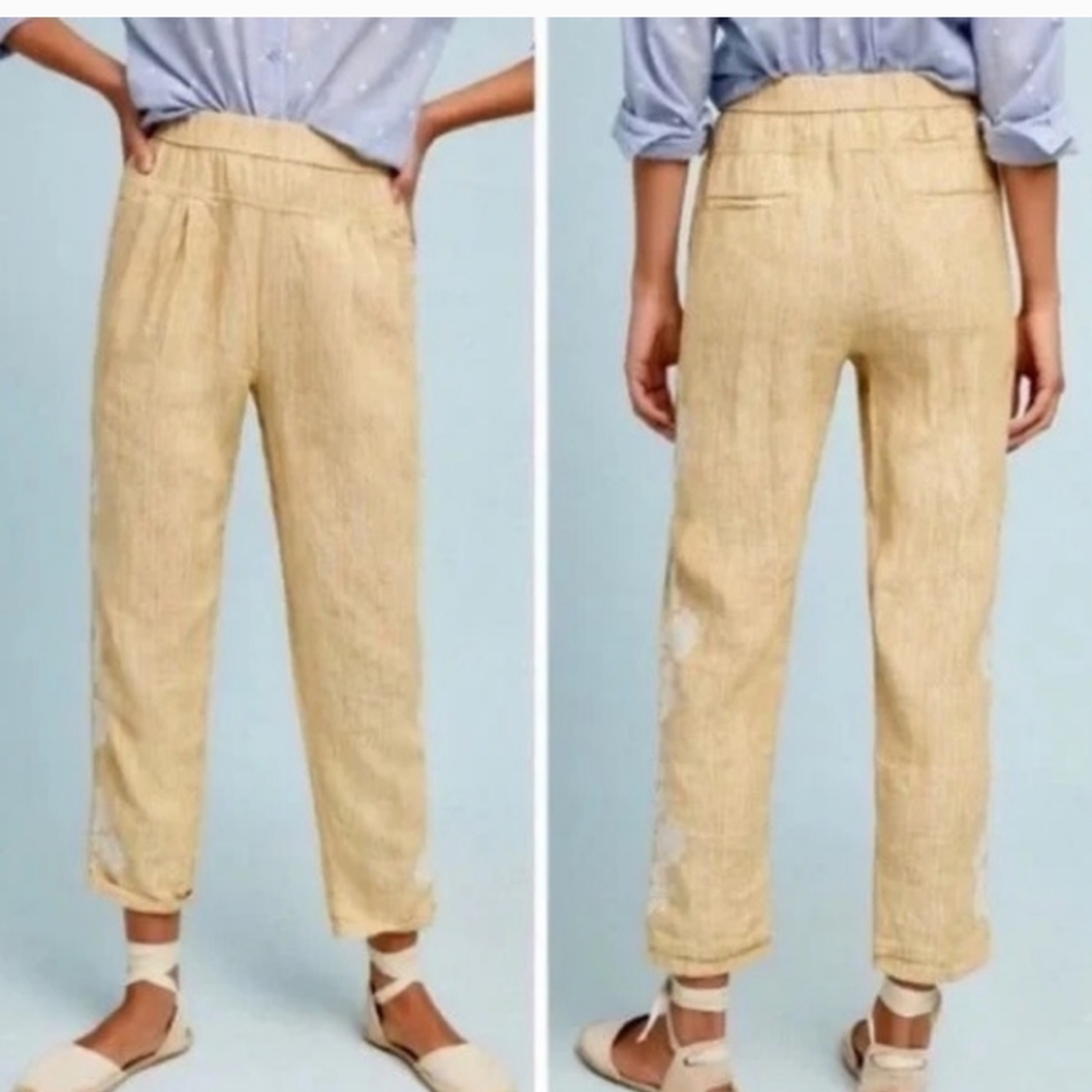 Anthropologie Yellow Striped Floral Embroidered Tapered Linen Pants SMALL